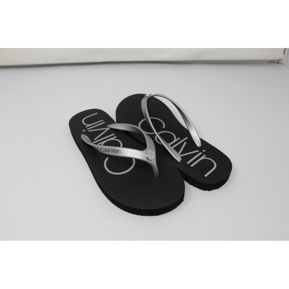 Calvin Klein Womens Logo Flip Flops Black Silver Metallic Thong Sandals New